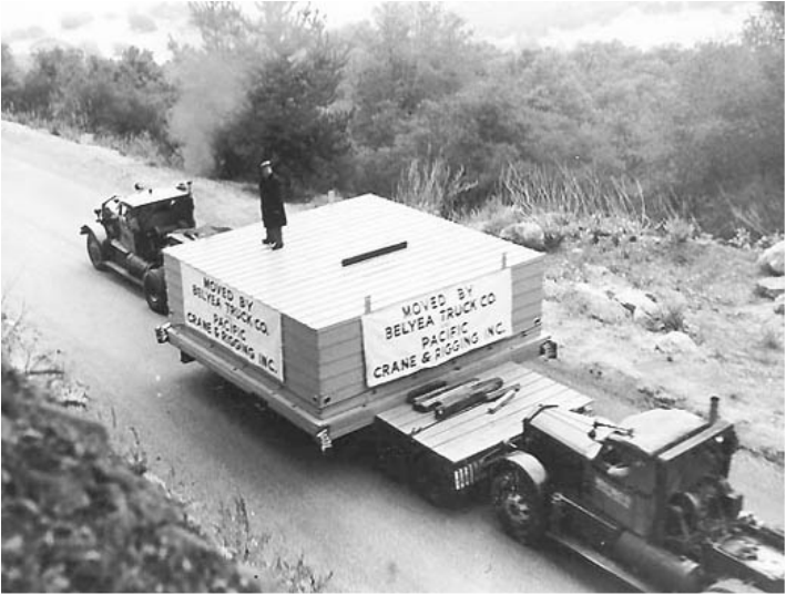 A Fruehauf semi-trailer moves the Hale telescope lens 160 miles from Pasadena to the Palomar Observatory