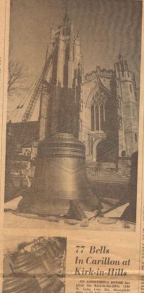 Photograph of the installation of the 77 Bells into the Kirk bell tower