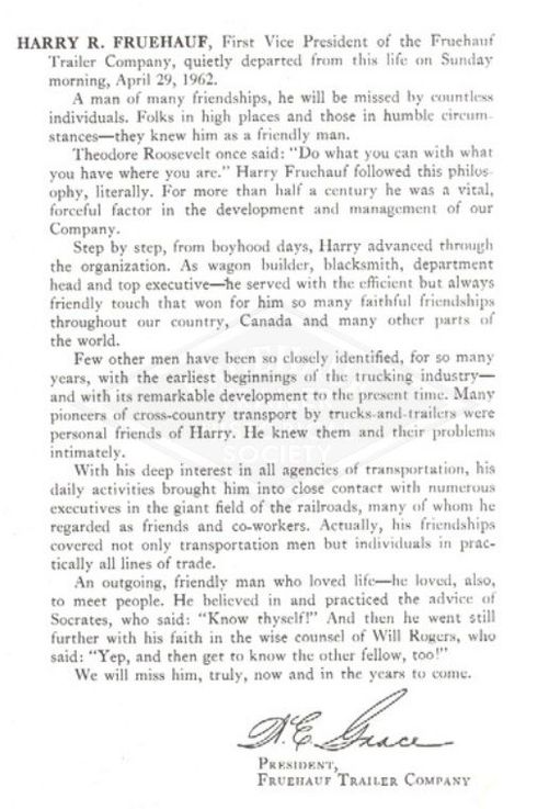 Obituary for Harry Fruehauf as written and delivered by William Grace, President, Fruehauf Trailer company