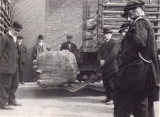 The bale of cotton is lowered automatically for the gathered audience